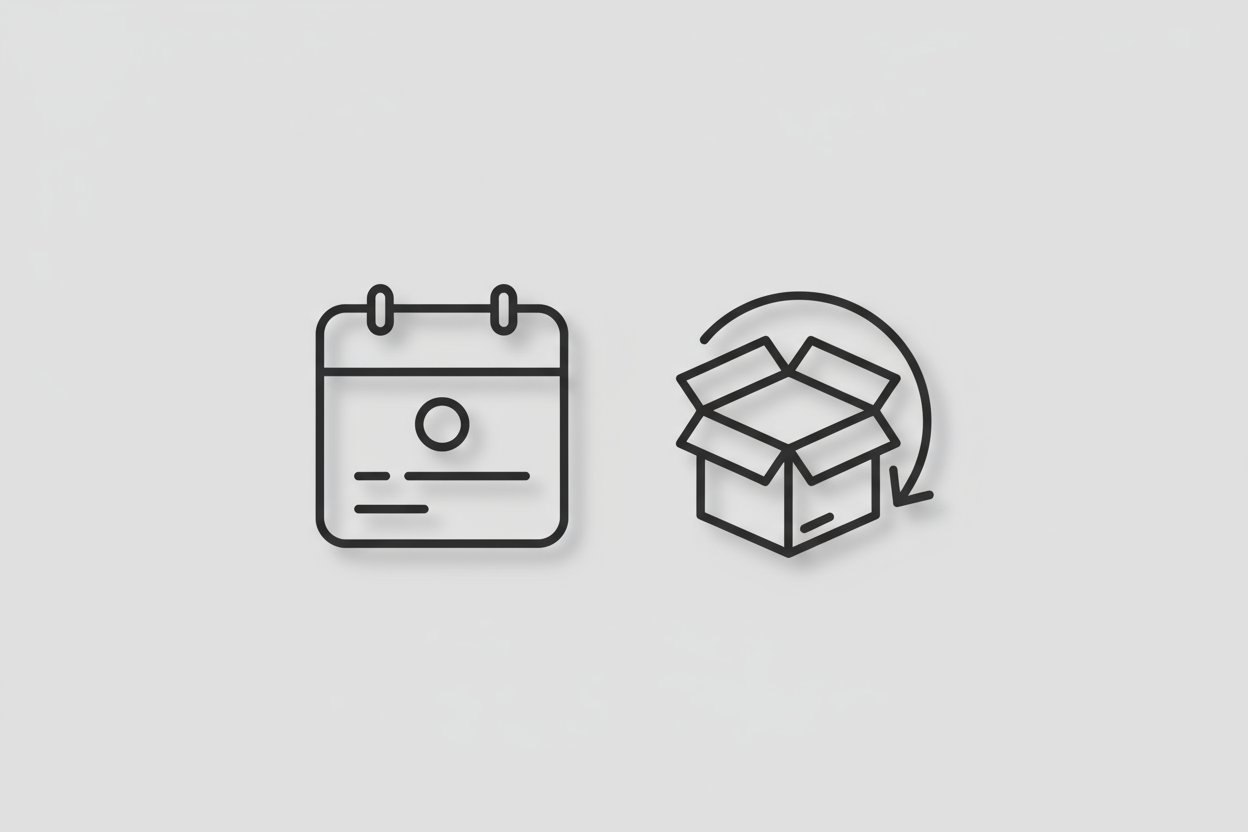 A minimalist calendar or parcel-return illustration.

Background: soft gray or white.